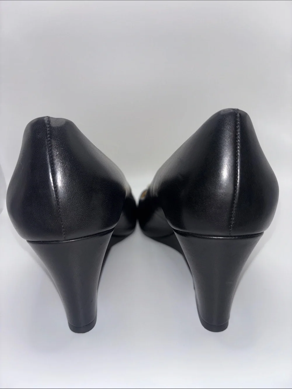 Tory Burch Black Leather Wedges with Gold Logo Medallion
